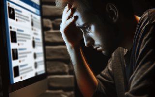 Eine Person, die vor einem Computer sitzt und sich über Inhalte in den sozialen Medien ärgert
