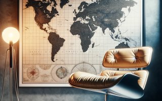 Ein Designerstuhl steht vor einer Weltkarte
