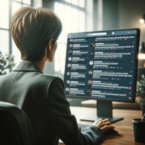 Frau sitzt am Schreibtisch und sieht im Rechner Kommentare auf Social Media